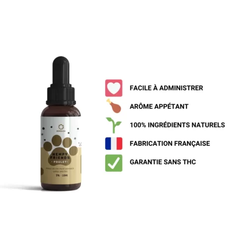 Huile CBD pour animaux à 3% d'extrait de CBD naturel et au délicieux goût de poulet, proposée par NOVALOA.