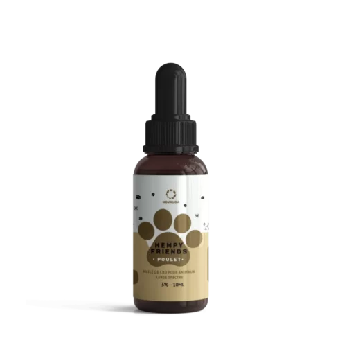 Huile CBD pour animaux à 3% d'extrait de CBD naturel et au délicieux goût de poulet, proposée par NOVALOA.